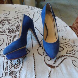 Charlotte Olympia Cobalt Blue Suede "Dolly" Platform Pumps Size 37.5M